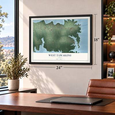 West Tawakoni, Texas map, 18 x 24 inch print in a black frame in a home office