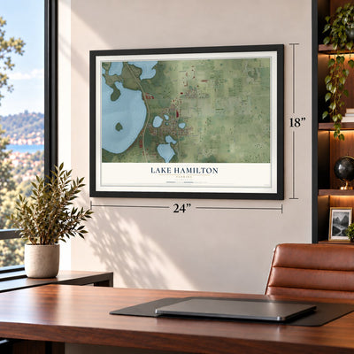 Lake Hamilton, Florida map, 18 x 24 inch print in a black frame in a home office