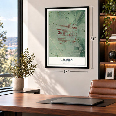 Cylburn, Maryland map, 18 x 24 inch print in a black frame in a home office