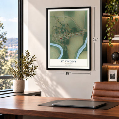 St. Vincent, Minnesota map, 18 x 24 inch print in a black frame in a home office