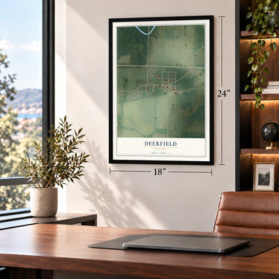 Deerfield, Missouri map, 18 x 24 inch print in a black frame in a home office