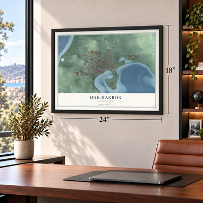 Oak Harbor, Washington map, 18 x 24 inch print in a black frame in a home office
