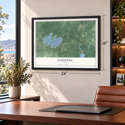 Schoepke, Wisconsin map, 18 x 24 inch print in a black frame in a home office