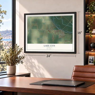 Lake City, Arkansas map, 18 x 24 inch print in a black frame in a home office
