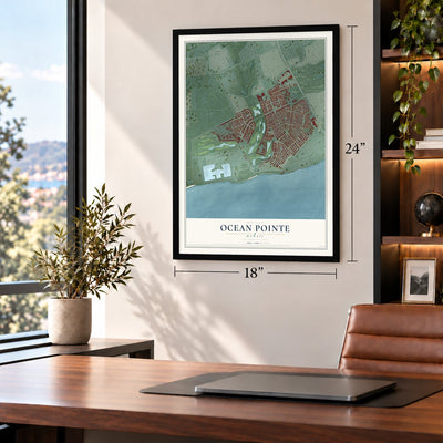 Ocean Pointe, Hawaii map, 18 x 24 inch print in a black frame in a home office