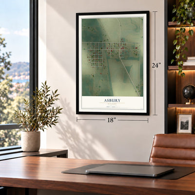 Asbury, Missouri map, 18 x 24 inch print in a black frame in a home office
