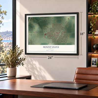 Mount Olive, Illinois map, 18 x 24 inch print in a black frame in a home office