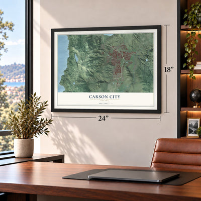 Carson City, Nevada map, 18 x 24 inch print in a black frame in a home office