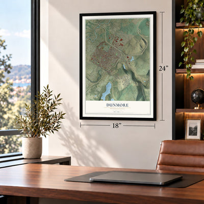 Dunmore, Pennsylvania map, 18 x 24 inch print in a black frame in a home office