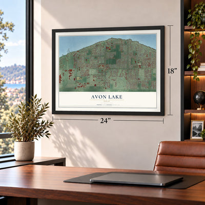 Avon Lake, Ohio map, 18 x 24 inch print in a black frame in a home office