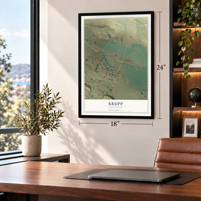 Krupp, Washington map, 18 x 24 inch print in a black frame in a home office