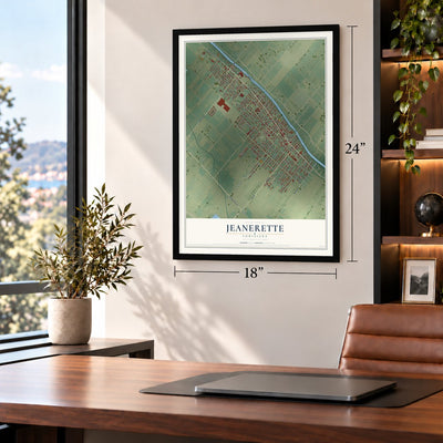 Jeanerette, Louisiana map, 18 x 24 inch print in a black frame in a home office