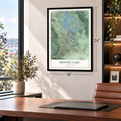 Bonney Lake, Washington map, 18 x 24 inch print in a black frame in a home office