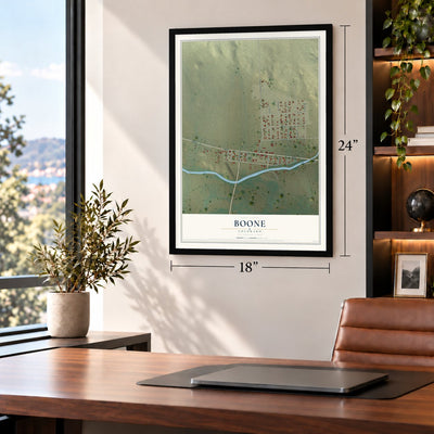 Boone, Colorado map, 18 x 24 inch print in a black frame in a home office