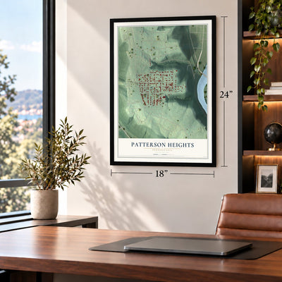 Patterson Heights, Pennsylvania map, 18 x 24 inch print in a black frame in a home office