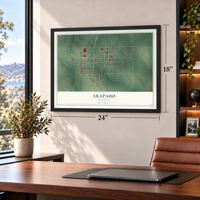 Arapaho, Oklahoma map, 18 x 24 inch print in a black frame in a home office