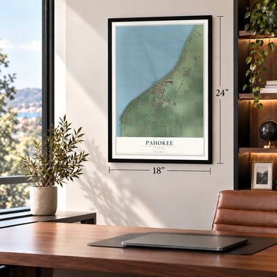 Pahokee, Florida map, 18 x 24 inch print in a black frame in a home office