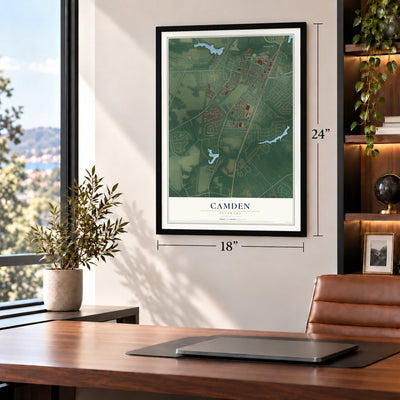Camden, Delaware map, 18 x 24 inch print in a black frame in a home office