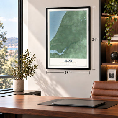 Grant, Mason County, Michigan map, 18 x 24 inch print in a black frame in a home office