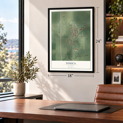 Tonica, Illinois map, 18 x 24 inch print in a black frame in a home office