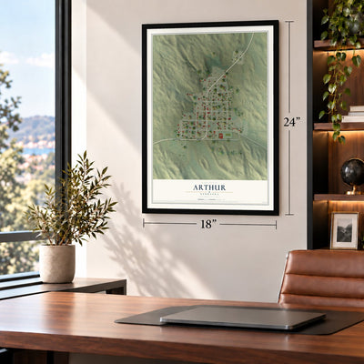 Arthur, Nebraska map, 18 x 24 inch print in a black frame in a home office