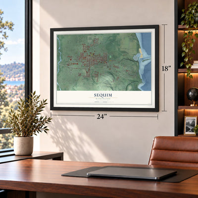 Sequim, Washington map, 18 x 24 inch print in a black frame in a home office