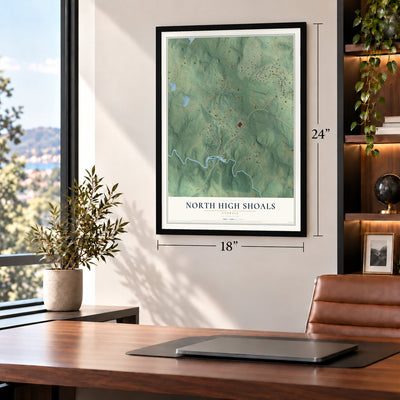North High Shoals, Georgia map, 18 x 24 inch print in a black frame in a home office