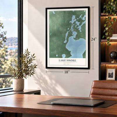 Lake Shore, Minnesota map, 18 x 24 inch print in a black frame in a home office