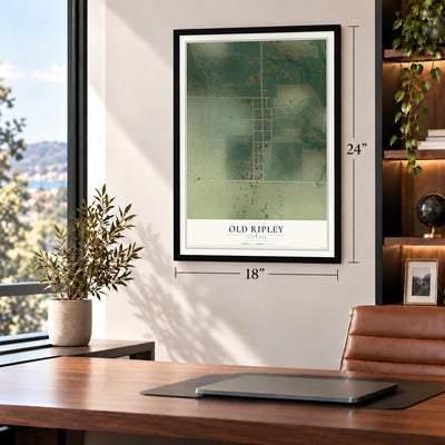 Old Ripley, Illinois map, 18 x 24 inch print in a black frame in a home office