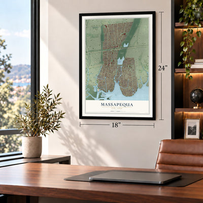Massapequa, New York map, 18 x 24 inch print in a black frame in a home office