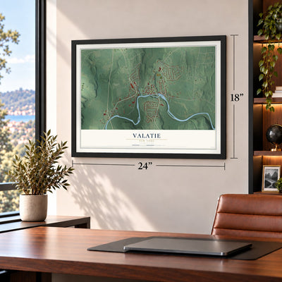 Valatie, New York map, 18 x 24 inch print in a black frame in a home office