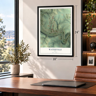 Waterville, Iowa map, 18 x 24 inch print in a black frame in a home office