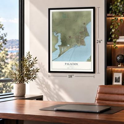 Palacios, Texas map, 18 x 24 inch print in a black frame in a home office