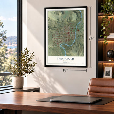 Thermopolis, Wyoming map, 18 x 24 inch print in a black frame in a home office