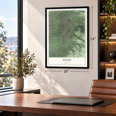 Nephi, Utah map, 18 x 24 inch print in a black frame in a home office