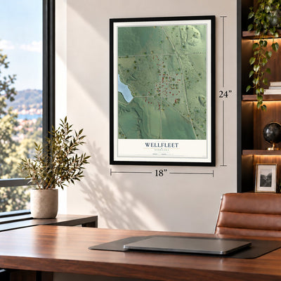 Wellfleet, Nebraska map, 18 x 24 inch print in a black frame in a home office