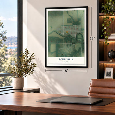Louisville, Kansas map, 18 x 24 inch print in a black frame in a home office