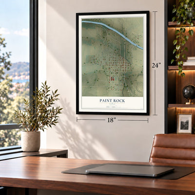 Paint Rock, Texas map, 18 x 24 inch print in a black frame in a home office