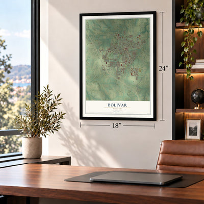 Bolivar, Missouri map, 18 x 24 inch print in a black frame in a home office
