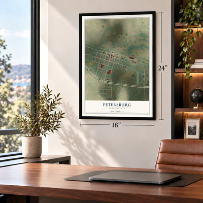 Petersburg, North Dakota map, 18 x 24 inch print in a black frame in a home office