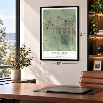Capitol View, Georgia map, 18 x 24 inch print in a black frame in a home office
