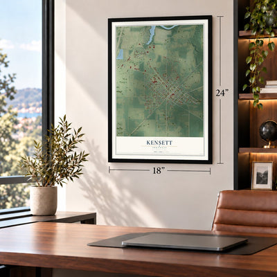 Kensett, Arkansas map, 18 x 24 inch print in a black frame in a home office