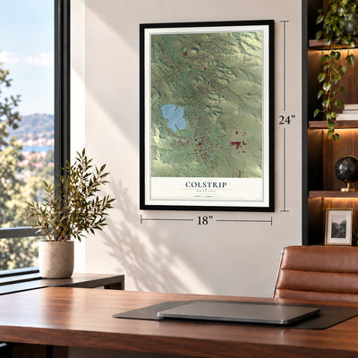 Colstrip, Montana map, 18 x 24 inch print in a black frame in a home office