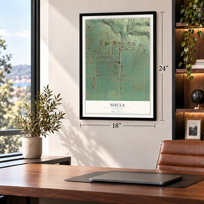 Nucla, Colorado map, 18 x 24 inch print in a black frame in a home office