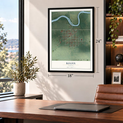 Roann, Indiana map, 18 x 24 inch print in a black frame in a home office