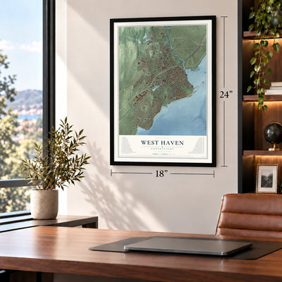 West Haven, Connecticut map, 18 x 24 inch print in a black frame in a home office