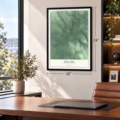 Poland, New York map, 18 x 24 inch print in a black frame in a home office