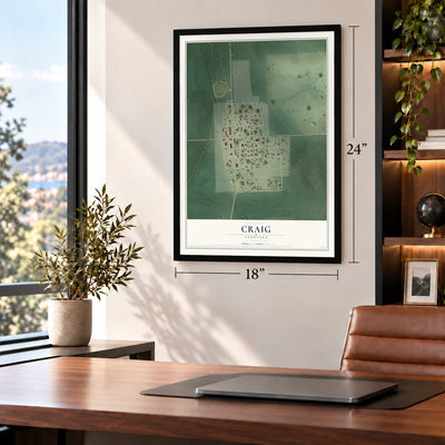 Craig, Nebraska map, 18 x 24 inch print in a black frame in a home office