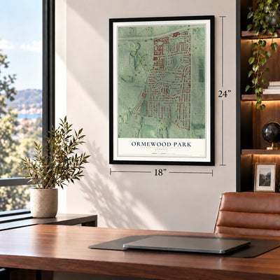 Ormewood Park, Georgia map, 18 x 24 inch print in a black frame in a home office