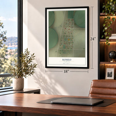 Romeo, Colorado map, 18 x 24 inch print in a black frame in a home office